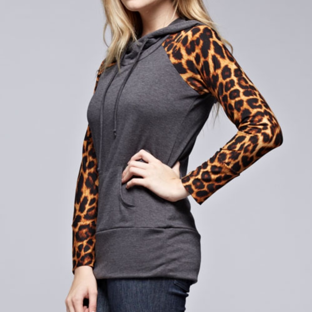 *BELLAMIE* Charcoal Grey Leopard Sleeve Hoodie